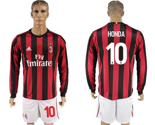 AC Milan #10 Honda Home Long Sleeves Soccer Club Jersey - Click Image to Close
